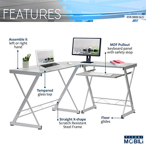 L Shaped Desk with Keyboard Tray - Efficient Work from Home Desk - Glass L Shaped Desk - Professional Work Desk for Home Office - Versatile Glass Corner Desks for Home Office