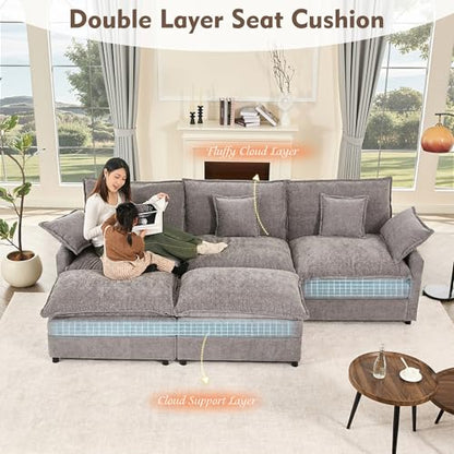 108" U-Shaped Modular Cloud Couch, Deep Seat, Chenille Slate | Cloud Comfort, Couches for Living Room, Removable & Machine-Washable Covers, Movable Ottoman, Modular Sectional Sofa