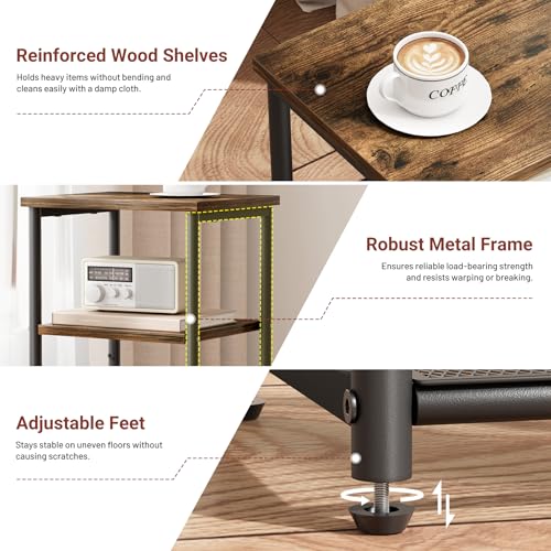 3 Tier Small Side Table with Storage Basket, Living Room End Tables for Small Space, Bedside Nightstand for Bedroom, Sofa Couch, Rustic Brown and Classic Black