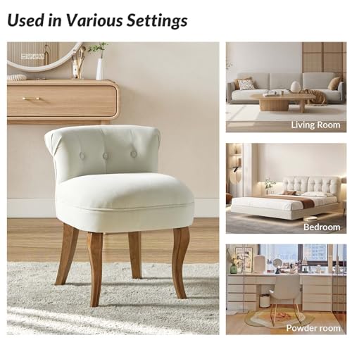 Velvet Vanity Stool with Low Back, Ivory | Small Modern Vanity Chair with Solid Wood Legs for Women Girls, Bedroom, Dressing Table