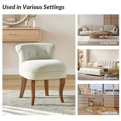 Velvet Vanity Stool with Low Back, Ivory | Small Modern Vanity Chair with Solid Wood Legs for Women Girls, Bedroom, Dressing Table