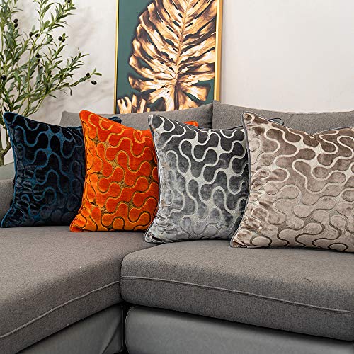 Orange Square Throw Pillow Cover Wavy Velvet Cushion Cover Modern Zippered Pillowcase for Sofa Couch Bedroom Living Room Chair, 18 x 18 Inch