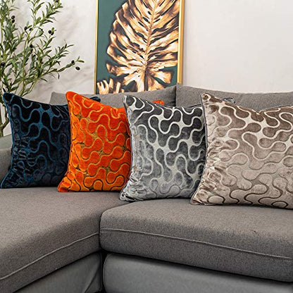 Orange Square Throw Pillow Cover Wavy Velvet Cushion Cover Modern Zippered Pillowcase for Sofa Couch Bedroom Living Room Chair, 18 x 18 Inch