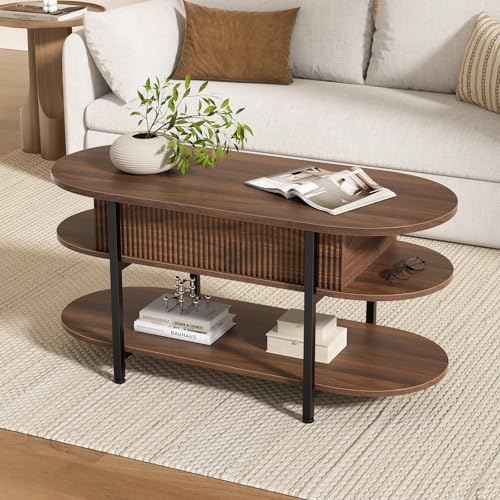 41.7" Fluted Oval Lift Top Coffee Table with Hidden Storage, Walnut | Fluted Wood Center Table, 3 Tier Small Tables with Curved Edge, Modern Narrow Coffee Table for Living Room Reception Room