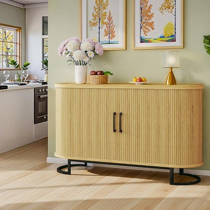 47.2" Sideboard Buffet Cabinet with Storage, Fluted Storage Cabinet with Sliding Door & Adjustable Shelf, Modern Tambour Sideboard Buffet for Kitchen, Living Room, Entryway, Oak