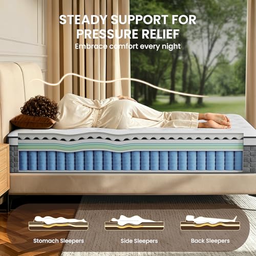 Queen Mattress 12 Inch, Medium Firm Feel, Queen Size Mattresses in Box, Individually Pocket Coils for Motion Isolation, Cooling & Comfortable Sleep with Gel Foam, CertiPUR-US Certified