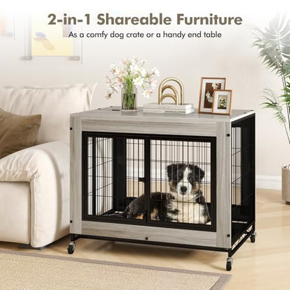 Dog Crate Furniture with Wheels, 38" Modern Dog Cage with 3 Doors, Flip Top Lid, view 3