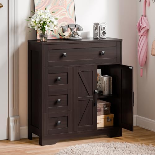 Farmhouse Storage Cabinet with 2 Doors and 4 Drawers, Freestanding Bathroom Storage Cabinet Kitchen Pantry, Floor Cupboard for Living Room/Bathroom/Kitchen,Espresso