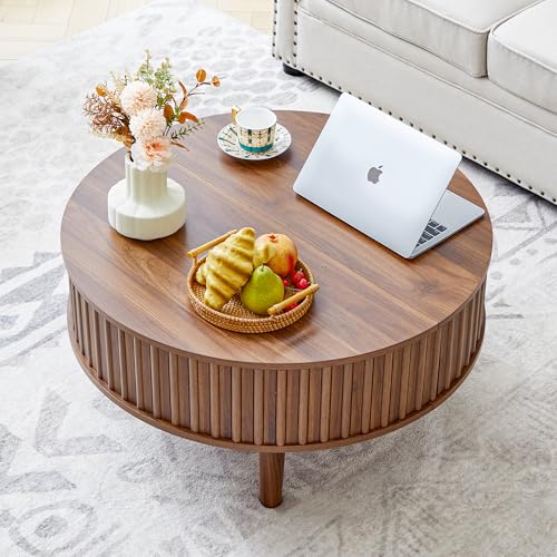 Round Lift Top Coffee Table with Storage, Fluted Mid Century Modern Coffee Tables, Small Space,31.5" Wooden Center Table for Living Room, Apartment, Office (Walnut)