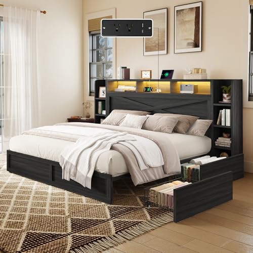 45'' Farmhouse King Bed Frame with Headboard & Storage, Black, view 4