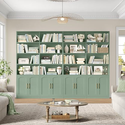 Bookshelf and Bookcase with Doors, 6 Tier Double Wide Large Bookshelves, Open Display Shelves, 73'' Tall Bookshelf with Storage Cabinets for Home Office, Living Room, Library, Green