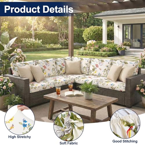 Waterproof Patio Cushion Covers, Stretch Outdoor Couch Slipcovers Replacement Washable Furniture Protector Sofa Chair Seat Cover for Dogs and Pets (12 Pcs, Beige and Green)