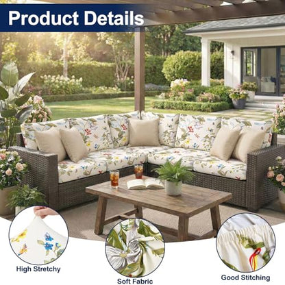 Waterproof Patio Cushion Covers, Stretch Outdoor Couch Slipcovers Replacement Washable Furniture Protector Sofa Chair Seat Cover for Dogs and Pets (12 Pcs, Beige and Green)