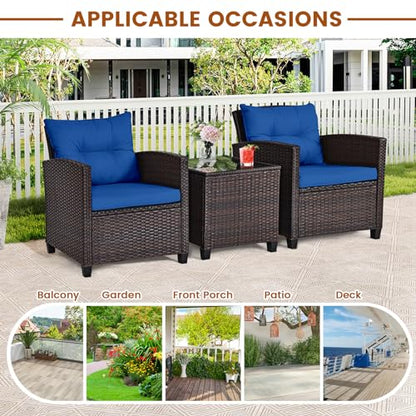 3 Pieces Patio Furniture Set, Outdoor Wicker Conversation Set Rattan Chairs with Cushions, Glass Coffee Table, Bistro Set for Front Porch Balcony Garden Deck Poolside (Navy)