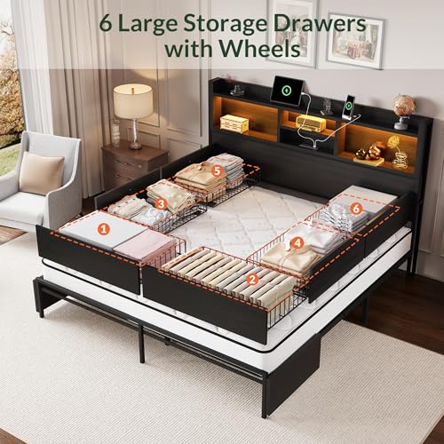 King Size Bed Frame with 6 Storage Drawers and Headboard Wooden Platform Bed, view 4
