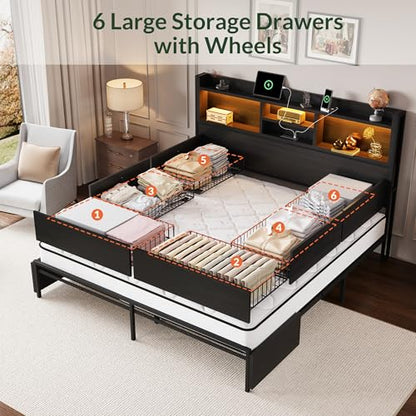 King Size Bed Frame with 6 Storage Drawers and Headboard Wooden Platform Bed, view 4