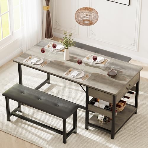 Dining Table Set for 4 with Storage Drawers & Wine Rack, Kitchen Table and Upholstered Benches for Small Spaces, Gray