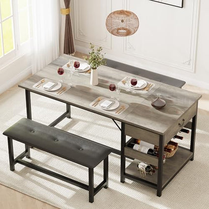 Dining Table Set for 4 with Storage Drawers & Wine Rack, Kitchen Table and Upholstered Benches for Small Spaces, Gray