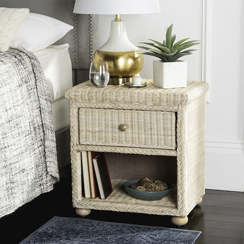 SAFAVIEH Home Collection - Adira Natural White Wash Wicker 1-Drawer Nightstand Accent Table, Coastal Boho Bedroom Storage Furniture with Shelf, 22.1"W x 16.5"D x 22.1"H (SEA8002A)