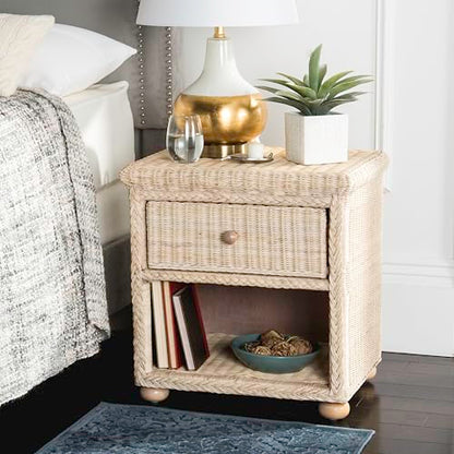 SAFAVIEH Home Collection - Adira Natural White Wash Wicker 1-Drawer Nightstand Accent Table, Coastal Boho Bedroom Storage Furniture with Shelf, 22.1"W x 16.5"D x 22.1"H (SEA8002A)