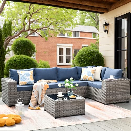 6 Pieces Patio Furniture Set, Outdoor Wicker Sectional Sofa with Coffee Table Comfy Cushions, Modern Modular Deep Seat Couch Rattan Conversation Set, Denim Blue