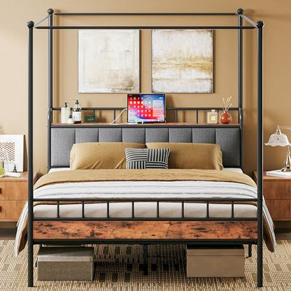 Canopy Bed Frame Full, Storage Headboard with Charging Station, view 2