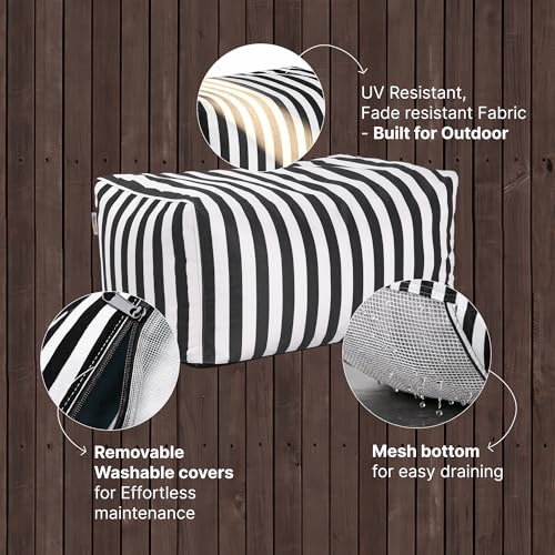 Leon Outdoor Bean Bag Ottoman, Black & White Stripes