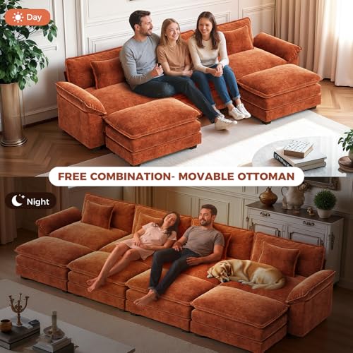 86" Modular Sectional Sofa, Comfy L-Shaped Cloud Couch with Movable Ottoman, 3-Seater Chenille Deep Seat Modern Sofa Couch for Living Room, Terracotta Orange