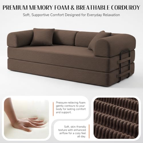 79'' Convertible Sofa Bed, Boneless Couch-in-a-Box, Corduroy Floor Futon Loveseat Sleeper, 26'' Deep Seat, Removable Machine-Wash Covers, No Assembly, 2 Pillows, Brown