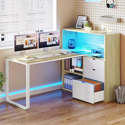 55" L Shaped Corner Computer Desk with Drawers & Power, White Oak, view 4