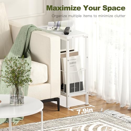 Narrow Side Table, Skinny End Tables with Magazine Holder, Small Sofa Table for Small Spaces, Space-Saving Design, Slim Nightstand Bedside Table for Living Room, Bedroom, Office, White