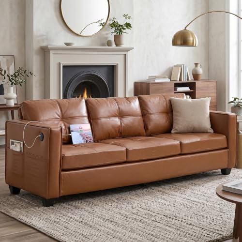 88" Brown Faux Leather Couch, 3 Seater Sofa with USB and Side Pockets