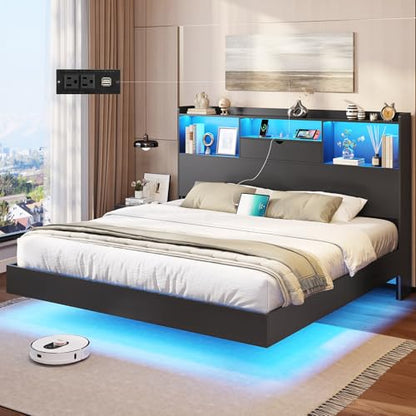 King Floating Bed Frame with LED Lights and Storage Headboard, view 2