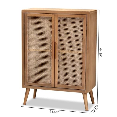 Mid-Century Wood/Rattan 2-Door Storage Cabinet, Oak Finish, 44.29" H x 31.5" W x 14.17" D, Adjustable Shelves, Angled Legs, Elegant Accent Chest for Living Room or Entryway