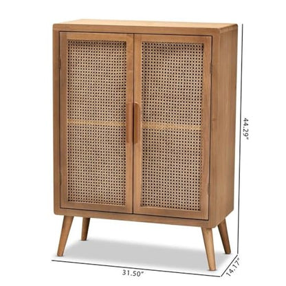 Mid-Century Wood/Rattan 2-Door Storage Cabinet, Oak Finish, 44.29" H x 31.5" W x 14.17" D, Adjustable Shelves, Angled Legs, Elegant Accent Chest for Living Room or Entryway