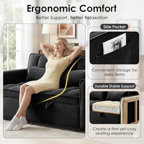 3 in 1 Convertible Sleeper Sofa Bed, 55" Pull Out Couches, Modern Loveseat Sleeper Sofa with Adjustable Reclining Backrest & Side Pockets for Living Room, Velvet Fabric, Black