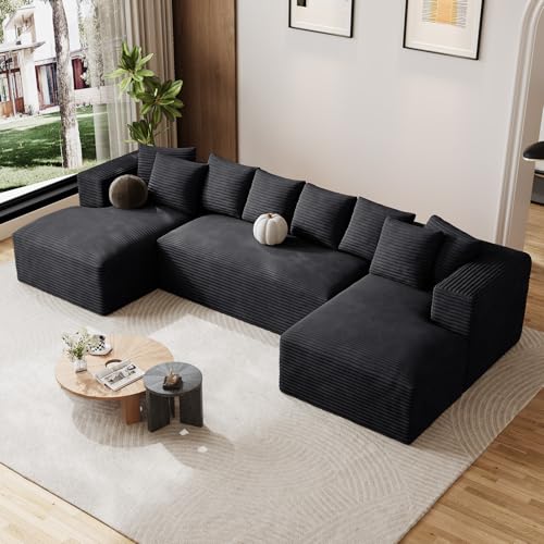 131" Oversized Cloud Boneless Sofa for Living Room, Modern Sectional U Shaped Plush Corduroy Couch, Comfy Deep Seat Boneless Sofas with 8 Pillows Double Chaise Lounge Sectional Couch,Black