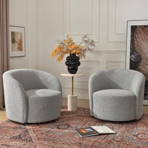 34" W Swivel Barrel Chair Set of 2, Mid Century Modern Round Upholstered Boucle Swivel Accent Chairs, No Assembly Sofa Chair for Living Room Bedroom Reading, Black White