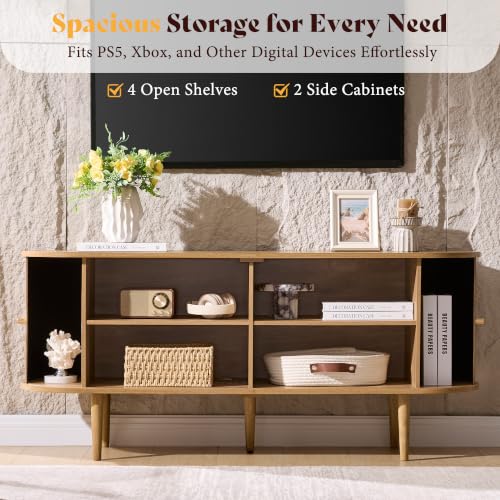 55" Mid-Century Modern Fluted TV Stand with Storage, Natural Oak, view 5