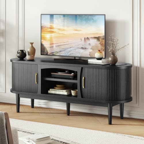 58" Fluted TV Stand, Mid Century Modern Entertainment Center, Black, view 2