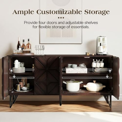 63" Solid Wood Buffet Cabinet with Geometric Doors, Dark Walnut, view 4