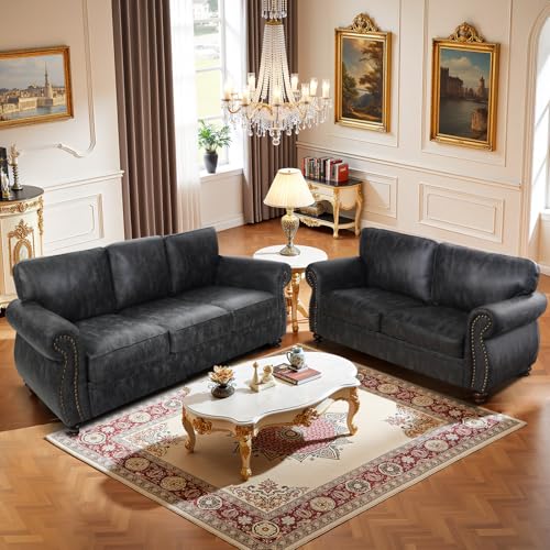Living Room Furniture Sets,Sofa Sets and Couch Sets for Living Room,Mid-Century Vintage Sofa Couches with Rivet Design (Grey, Loveseat+3 Seater)