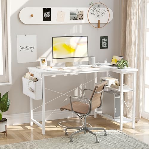 L Shaped Computer Desk with Power Outlets, 47 Inch Small Corner Desk with Reversible Shelves, Gaming Desk Computer Table Study Writing Desk for Home Office Small Space, White