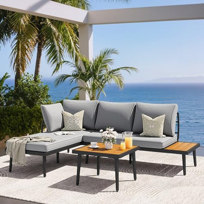 Outdoor Sectional Sofa Set L-Shaped Metal Patio Furniture with All-Weather Cushions and Built-in Side Coffee Table for Garden, Lawn, Backyard, Poolside, Gray