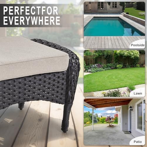 Outdoor Ottomans for Patio Foot Rest - 25 Inch PE Wicker Foot Stool Set of 2 with Removable Cushions for Patio Furniture Sets,All Weather Rattan Ottoman for Balcony Backyard Black/Beige