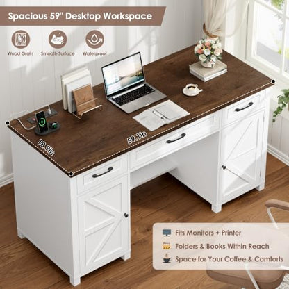 59" White Home Office Desk with Storage, Wood Computer Desk with 3 Drawers, view 4