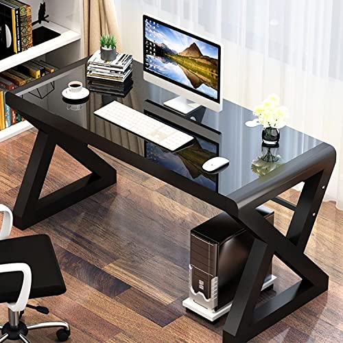 Computer Desk Home Office Desks, 55.1 Inch Modern Simple Office Black Glass Desk Computer Table Study Gaming Writing Desk, Fashion Strength Tempered Glass Office Laptop Desk