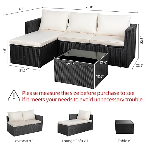 4 Pieces Patio Furniture Set, 2-in-1 Convertible Sectional Sofa & Chaise Lounge, All-Weather Wicker Rattan Sofa Couch with Cushions & Coffee Table for Yard, Garden, Porch, Poolside (Beige)
