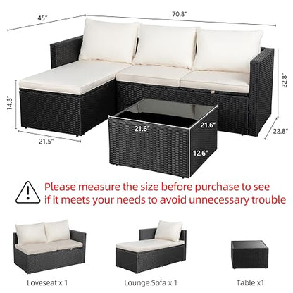 4 Pieces Patio Furniture Set, 2-in-1 Convertible Sectional Sofa & Chaise Lounge, All-Weather Wicker Rattan Sofa Couch with Cushions & Coffee Table for Yard, Garden, Porch, Poolside (Beige)