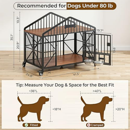 41.5" Foldable Dog Crate Furniture with 5 Wheels & Adjustable Bowls, view 4